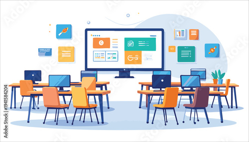 vector Modern Office Workspace with Computer Monitors and Chairs