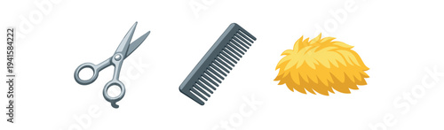 Haircut scissors, comb, and hair tuft for barber and salon tools icon set flat vector illustration