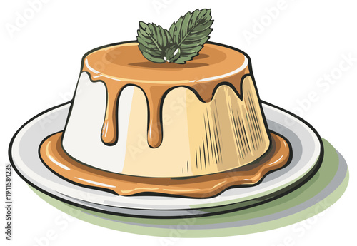 Delicious dessert panna cotta with caramel sauce and mint garnish served on a plate in hand-drawn style