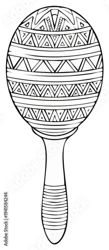 Black and white line art of a maraca with ethnic geometric patterns for a coloring book page