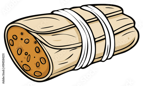 Stylized illustration of a single tamale wrapped in corn husk and tied with white string
