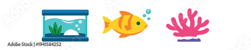 Three vivid cartoon icons showing a glass aquarium tank, a bubbly yellow fish, and a pink coral piece — great for aquarium apps, ocean games, educational materials, or decorative graphics.