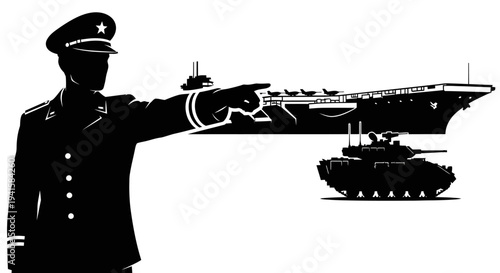 Military Commander Directs Aircraft Carrier and Tank, Symbolizing Strategic Command