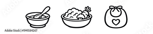 Three clean monochrome icons showing a bowl with spoon, a bowl of rice or porridge, and a tied baby bib — designed for nutrition apps, parenting guides, meal tracking, or ui use.
