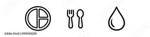 Three black outline icons: a divided plate (portion sections), fork and spoon cutlery, and a water drop — useful for diet plans, meal tracking, restaurant menus or health apps, flat vector icon set.
