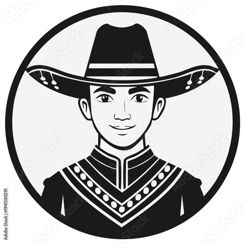 Man in Cowboy Hat and Poncho Festive Traditional Mexican Attire Circular Emblem