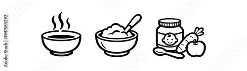 Three black outline icons: steaming bowl, bowl of mash with spoon, and jar of baby food with carrot and apple — for baby food labels, menus, or nutrition guides, flat vector icon set.