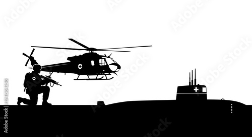 Military Helicopter and Soldier Evacuating Submarine Crew
