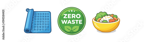 Zero waste badge with reusable mat and bowl of salad icons for sustainable kitchen and waste reduction flat vector illustration