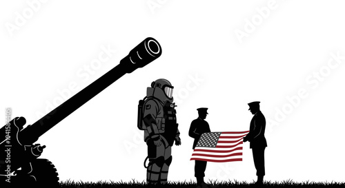 Military Honor Guard Presents American Flag with Soldier in Hazmat Suit and Artillery