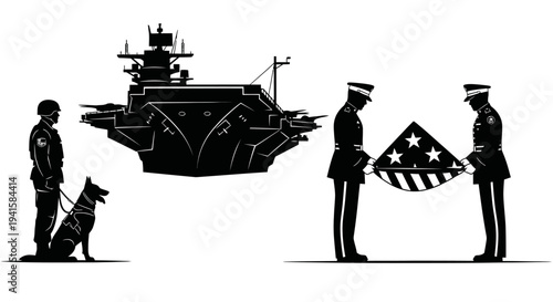 Military Honor Guard with Flag, Aircraft Carrier, Soldier, and Dog Silhouette