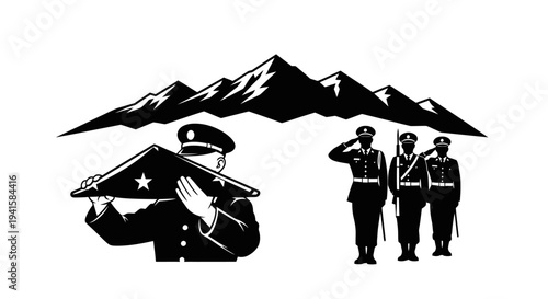 Military Honor Guard with Folded Flag and Mountains