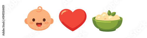 Three colorful icons: a smiling baby face, a red heart, and a green bowl of porridge — ideal for baby food, childcare, or health-focused designs.