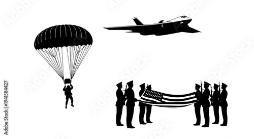 Military Honor Guard, Parachutist, and Fighter Jet: Symbols of Service and Freedom