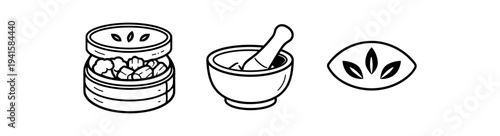 Three monochrome line icons: a stacked dumpling steamer, a mortar and pestle, and a leaf symbol — suited for recipe, cooking, or herbal product icon sets.