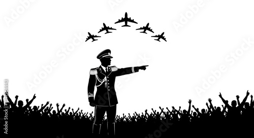 Military Leader Directs Air Show with Cheering Crowd Below