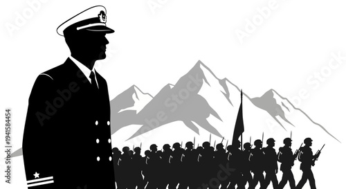 Military Leader Overseeing Marching Soldiers with Mountains Background