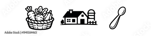 Three bold black icons: a basket overflowing with vegetables, a farmhouse with silo, and a spoon — good for farm-to-table, recipes, or food brand graphics.