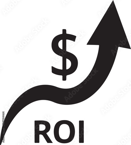Black dollar sign and R O I text on upward trending arrow graph return on investment money finance d