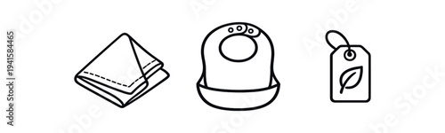 Black outline icons of a folded cloth, a baby bib, and a tag with a leaf — minimal baby care and eco label symbols suited for ui, labels, or app icon sets.