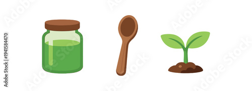 Colorful icons of a green jar, a wooden spoon and a sprouting plant root in soil — ideal for organic skincare, herbal products, composting or eco gardening labels.