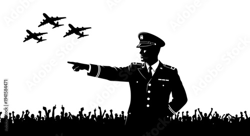 Military Leader Directs Airplanes Over Cheering Crowd Silhouette
