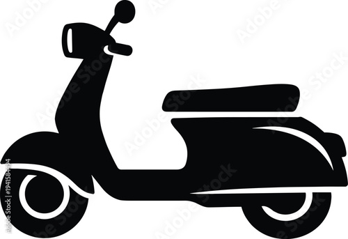 Minimal vector silhouette, motor scooter side view, solid black, isolated on white background