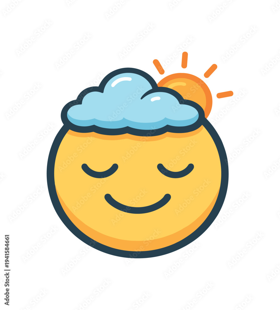 Obraz premium A simple cheerful emoji: a yellow smiling face with closed eyes, a light blue cloud on top and a small sun peeking out — suitable as a calm mood or weather icon.