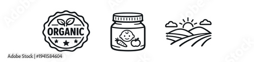 Organic seal, baby food jar, and sunrise farm field line icons flat vector icon