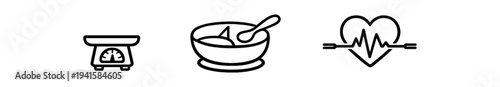 Three black outline icons: a kitchen scale, a bowl and spoon, and a heart with an ecg line, suitable for nutrition, diet, meal planning, and health graphics.
