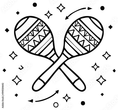 Two crossed maracas with decorative patterns and stylized sparkles suggesting rhythm and celebration