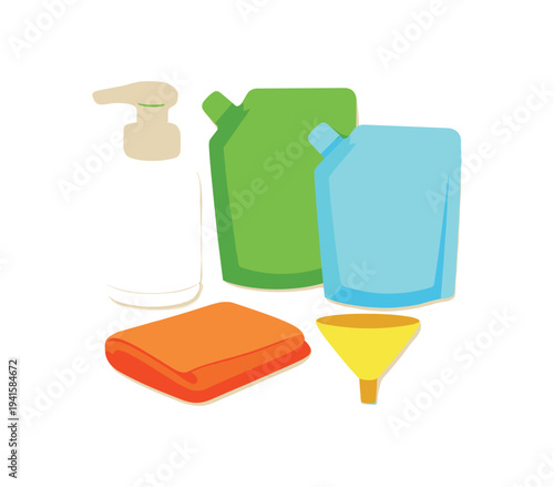 A set of household cleaning items: a pump dispenser bottle, two refill pouches, a folded orange towel and a yellow funnel — useful for eco refill, cleaning kit, or product packaging designs.