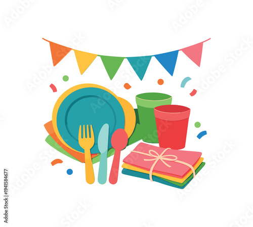 Festive party items arranged together: stacked plates, forks and spoons, two cups, bundled napkins tied with string, confetti and triangular bunting overhead 