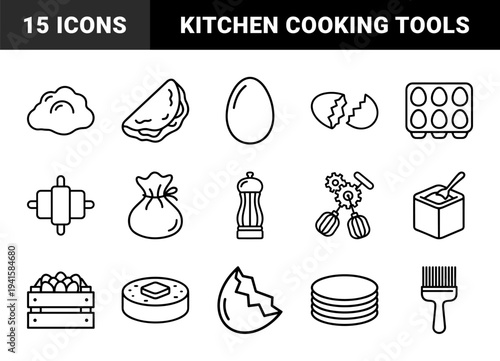 Baking and egg preparation elements for culinary branding. Technical monoline pictograms featuring kitchen tools, pastry dough, and breakfast cooking concepts.