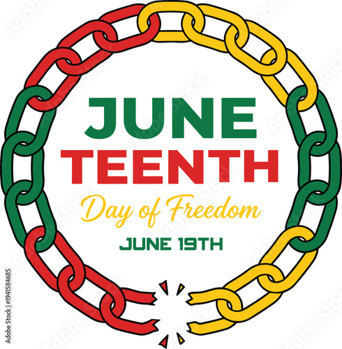 A broken chain wreath surrounds text celebrating juneteenth and freedom