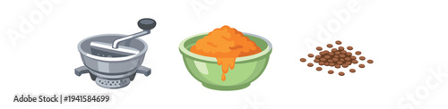 A clean vector trio showing a mortar and pestle, a green bowl filled with orange paste or spice, and a small pile of seeds or beans, ideal for recipe art, ingredient labels, or food app icons.