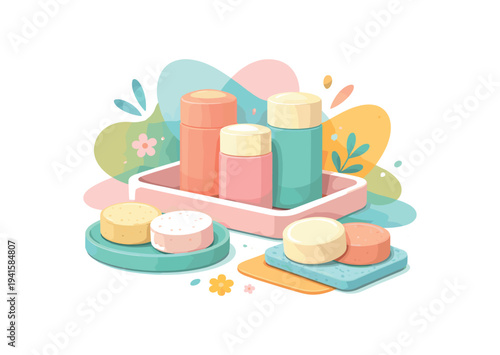 A pastel illustration of round shampoo or soap bars and cylindrical travel tins arranged on trays with floral accents, made for sustainable toiletry packaging, bathroom decor, or product listings.