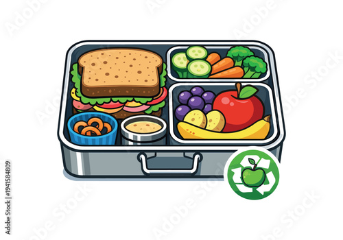 A stainless steel compartment lunchbox filled with a sandwich, vegetables, fruit, snacks and dip, marked with a green recycling apple badge to show reusable and eco friendly lunch packing.