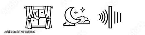 Set of night and sleep line icons: window with moon, crescent moon on clouds, and muted sound bar for nighttime ui and wellness apps flat vector icon