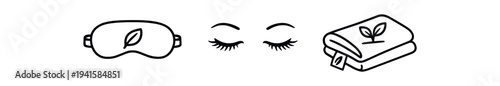 Spa and sleep icon trio: eye mask, closed eyelashes, and folded organic towel for wellness apps, bedtime guides, or spa signage flat vector icon