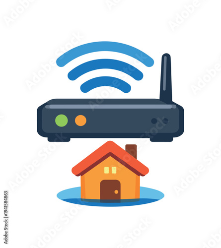 A wireless router with signal waves shown above a small house symbolizing home wi‑fi, internet access and smart home connectivity.