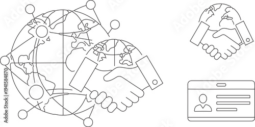 Set of 3 black and white outline vector icons depicting global business network, handshake, and identification card for corporate communication and partnership concepts isolated PNG with