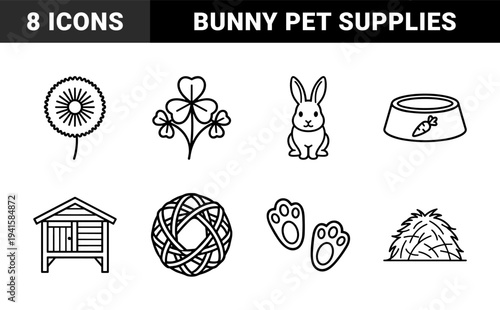 Rabbit care and pet ownership essentials in a clean monoline aesthetic. Minimalist line art featuring bunny hutches, foraging treats, and clover.