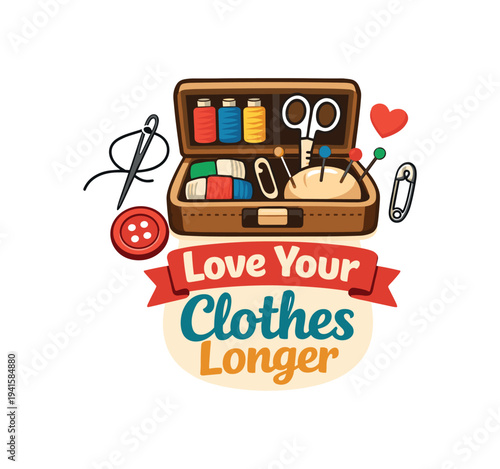 A colorful badge-style illustration of an open sewing kit containing spools of thread, scissors, needle, pins and a pincushion, plus a button and heart, paired with a ribbon 