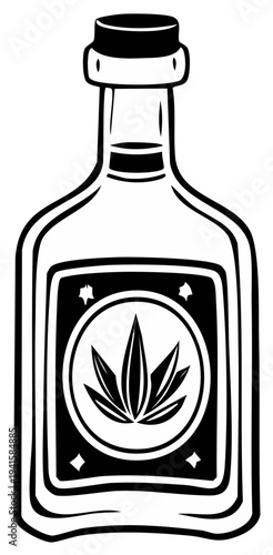 Bottle illustration with a plant emblem, vintage aesthetic, for medicinal or other applications.