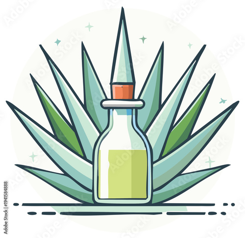 Agave plant with small glass bottle of golden liquid and stopper icon