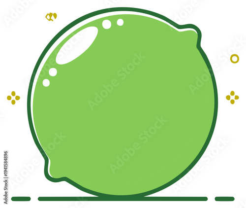 Vibrant Green Cartoon Lime Citrus Fruit with Minimalist Sparkle Accents Illustration