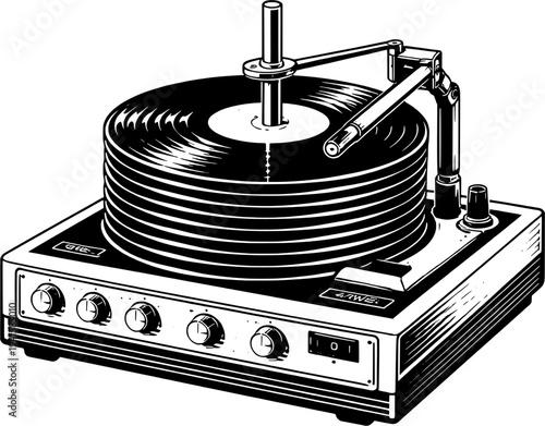 Vintage Automatic Record Player with Stacked Vinyl Records – Retro Turntable Vector Illustration