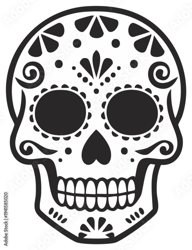 Black and White Sugar Skull With Intricate Floral Patterns and Swirls