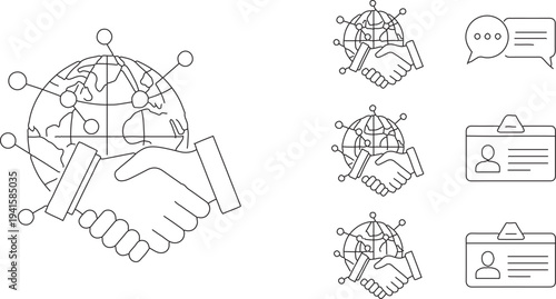 Set of 6 global business partnership and communication vector line icons featuring handshake with connected globe, speech bubbles, and ID cards for web, app